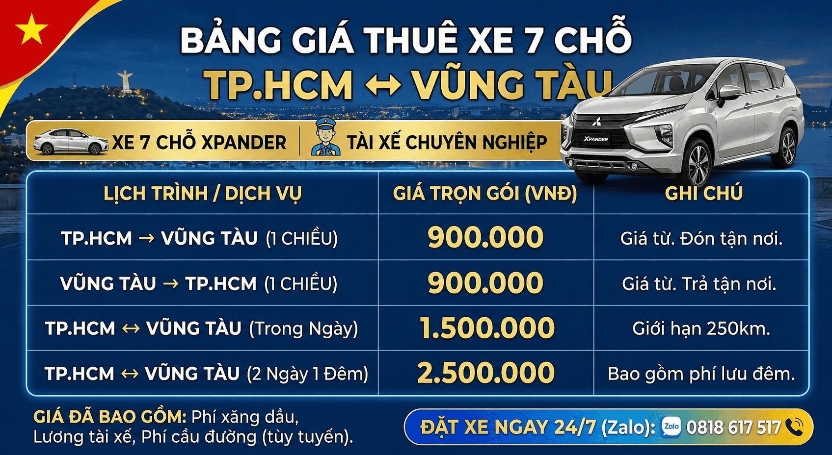 Bảng Giá Thuê Xe 7 Chỗ Sài Gòn Đi Vũng Tàu